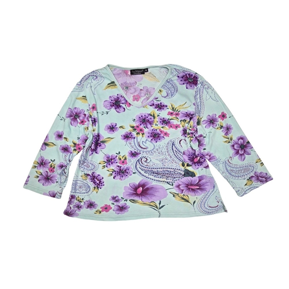 Le Mieux Studio XL Cotton V-Neck Shirt Floral Sequin Y2K 2000s Fairy Plus Size